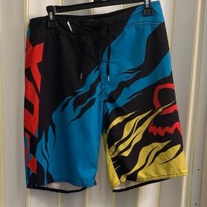 Fox Men’s Forsaken Blue Red Yellow Graphic Board Shorts from Fox Racing